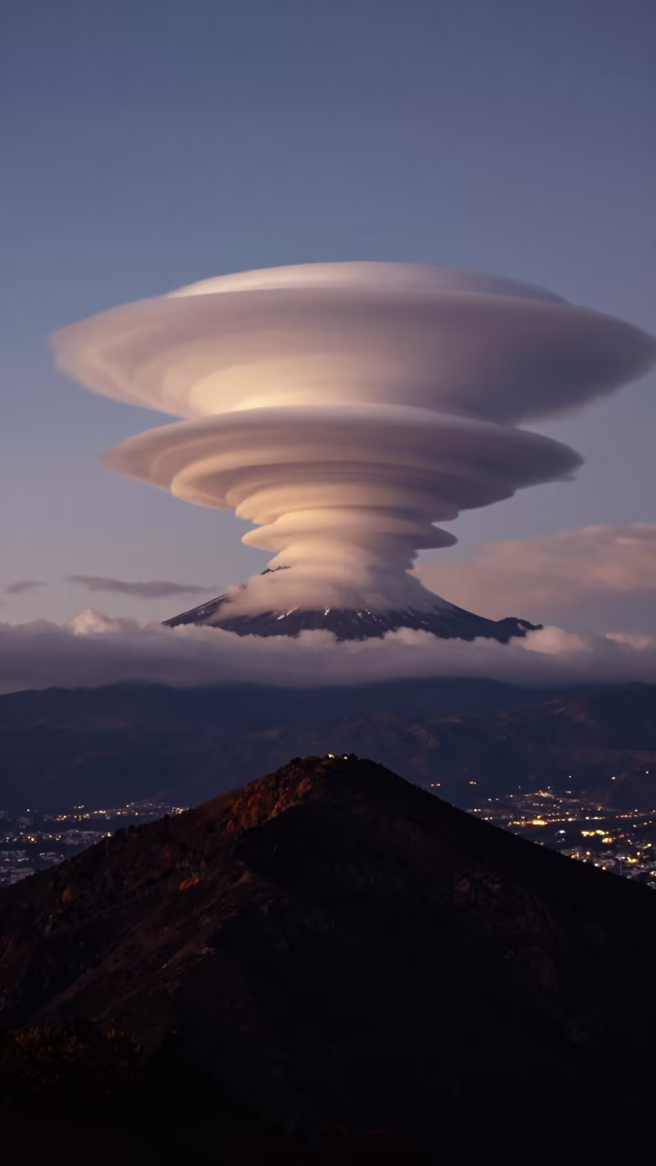 Lenticular Clouds Over Chilean Peak at Dusk in across a storm-bright plain in Chile