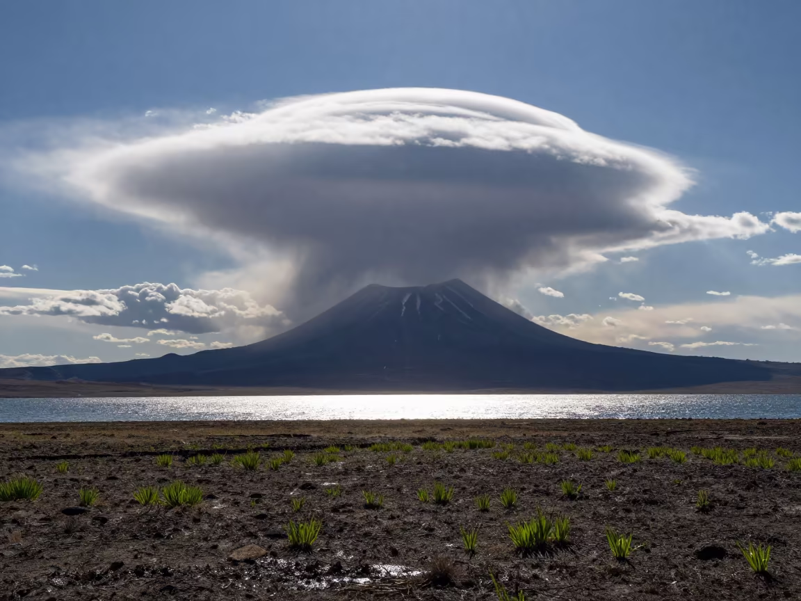 Lenticular Clouds Over Dormant Volcano Kazakhstan in across a storm-bright plain in Kazakhstan