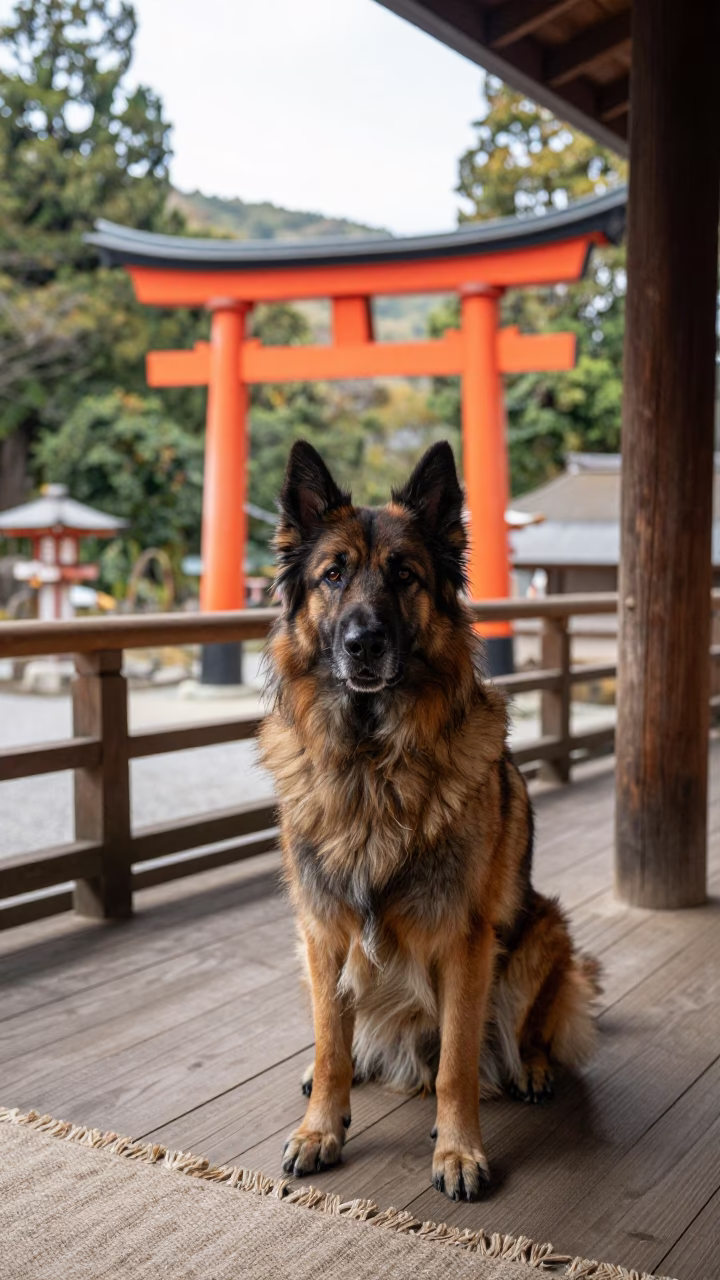 Leonberger Dog on Shaded Kyoto Porch in on a shaded front porch with boards, railings, and eye-level framing in Kyoto