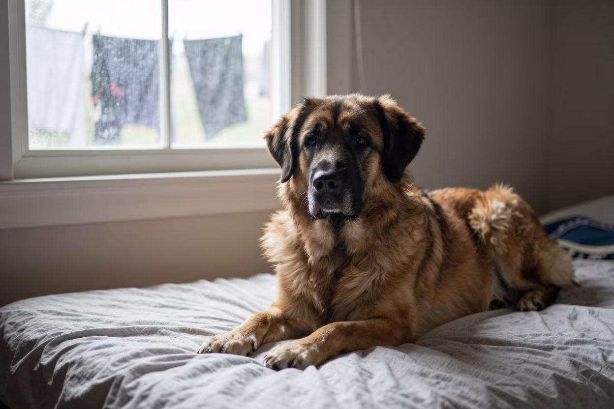 Leonberger Dog Resting on Bedspread in on a bedspread near a bright window with calm indoor light near Bamako
