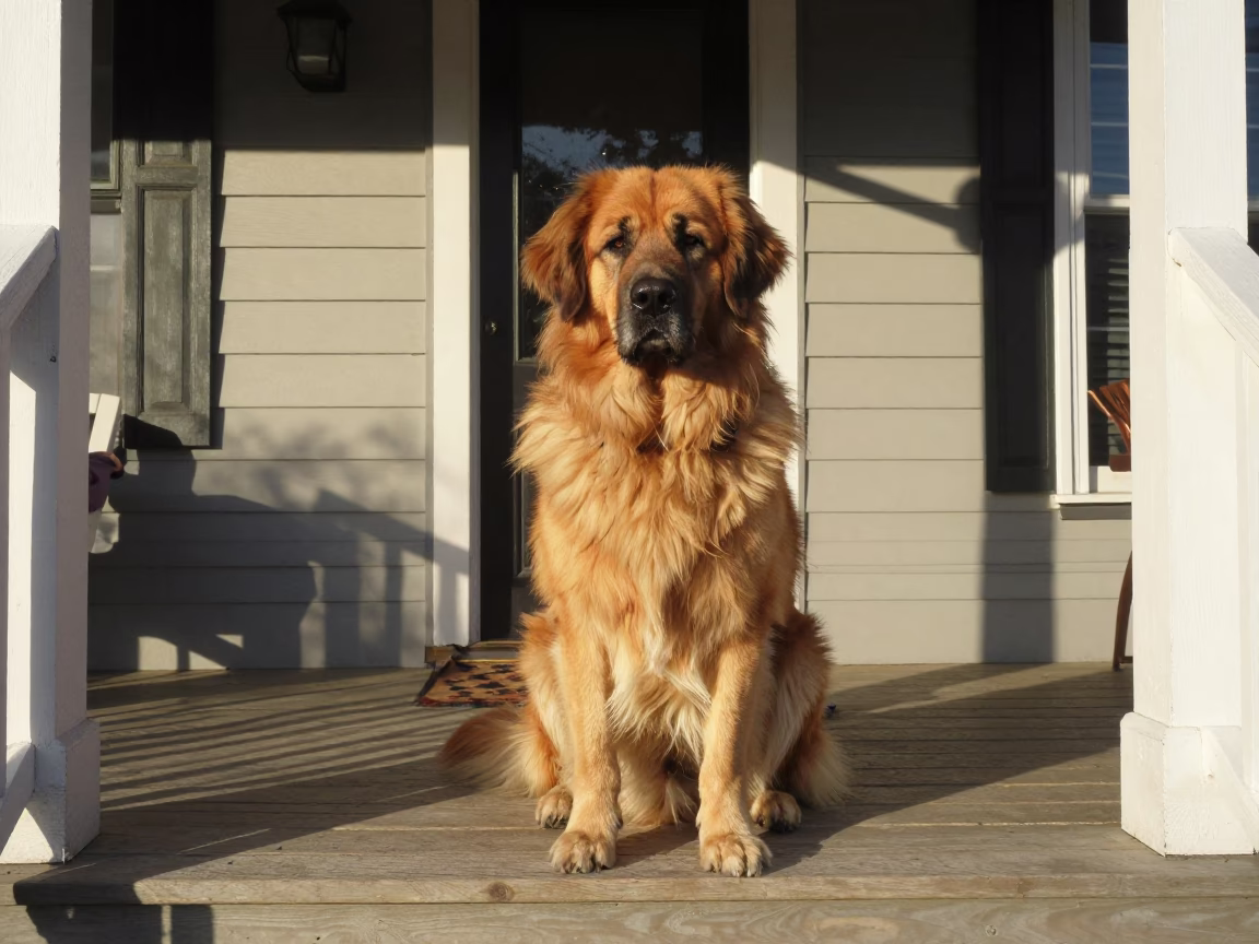 Leonberger Dog Sitting on Porch in Nashville Tennessee Late Afternoon Light in in Nashville, Tennessee, United States