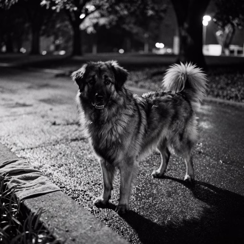 Leonberger in Guilin Park Night Shadow in along a quiet park path with soft open shade and a clean background in Guilin
