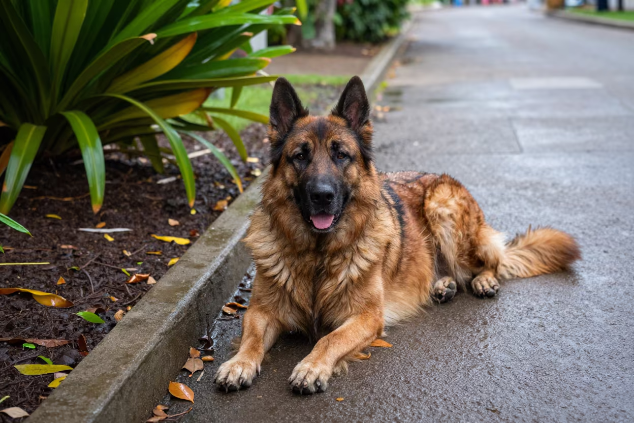 Leonberger on Quiet Park Path Near Garden in near a garden edge with soft morning light and an uncluttered background near Chetumal