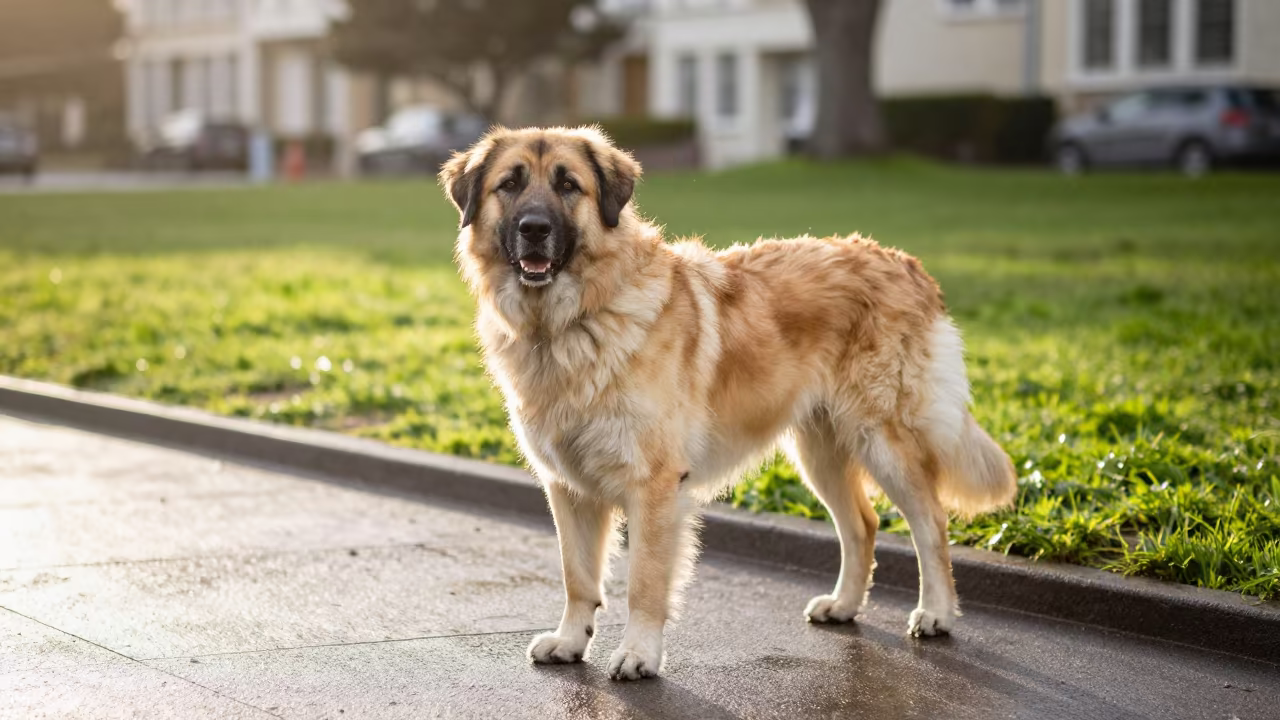 Leonberger on Quiet San Francisco Park Path in in a small yard with clipped grass, calm light, and the animal centered in frame near Japantown, San Francisco