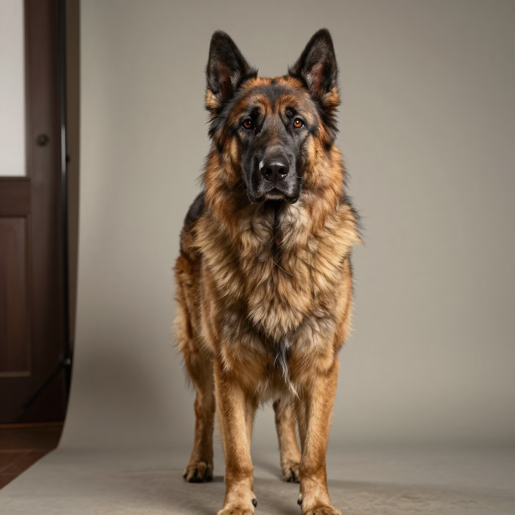 Leonberger Portrait in Changsha Studio in in a quiet portrait studio with a plain backdrop and eye-level framing in Changsha