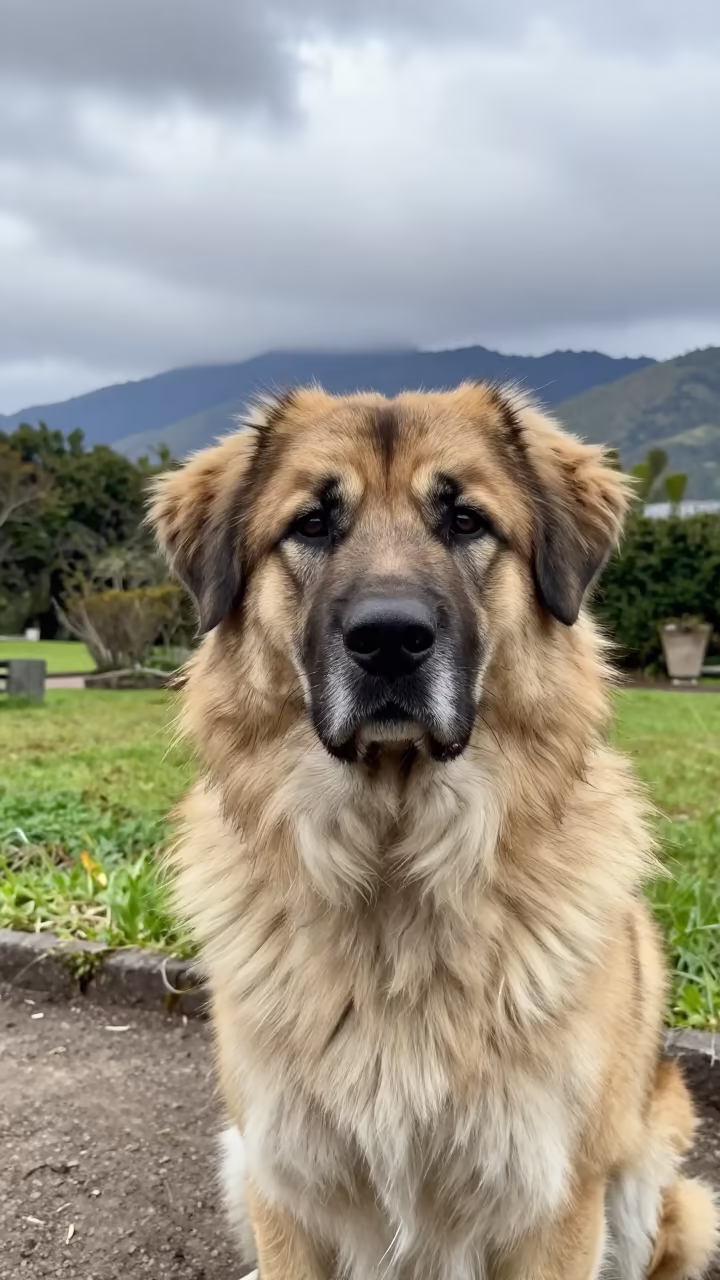 Leonberger Portrait in Encarnacion Garden Morning Light in near a garden edge with soft morning light and an uncluttered background near Encarnacion
