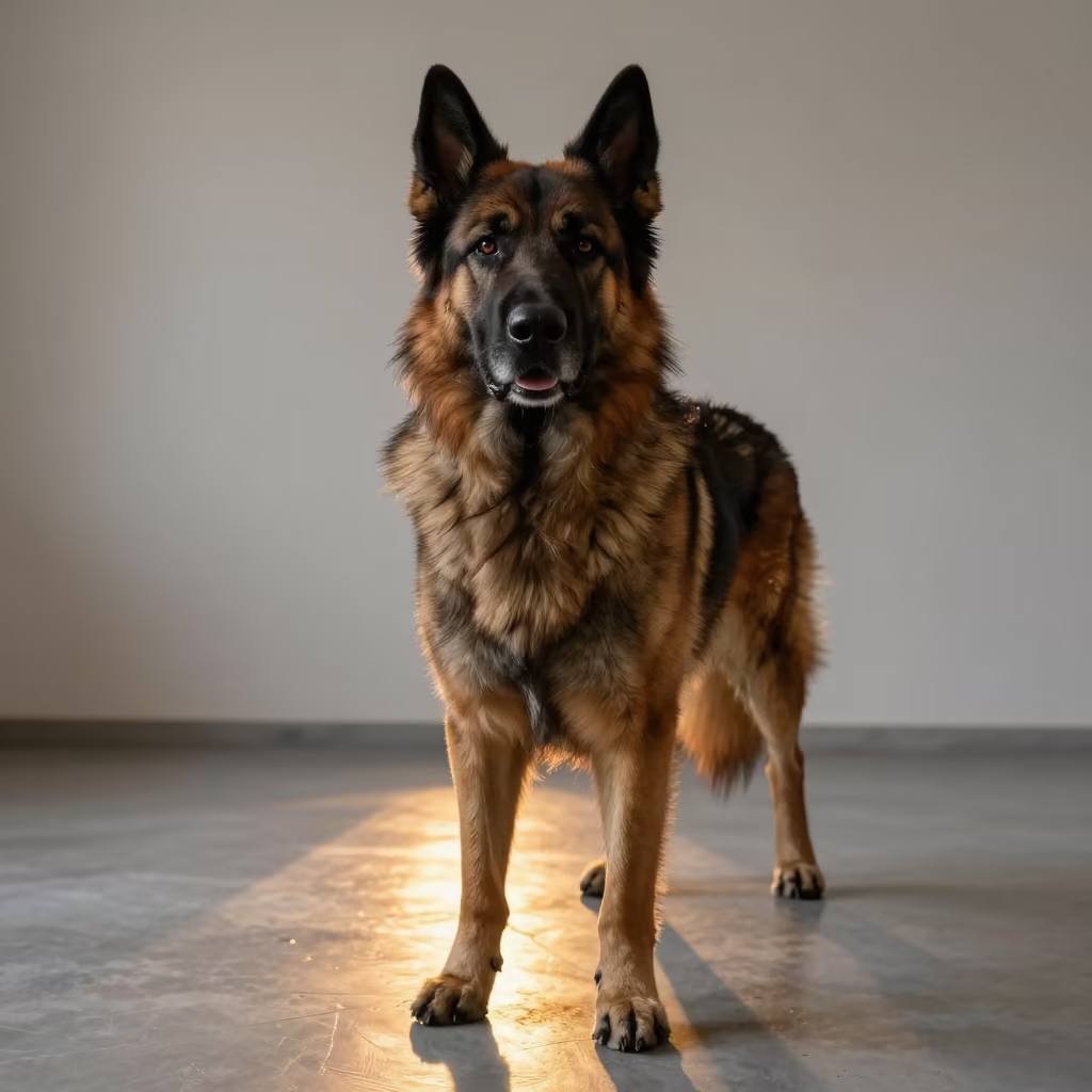 Leonberger Portrait in Taloqan Studio in in a quiet portrait studio with a plain backdrop and eye-level framing in Taloqan
