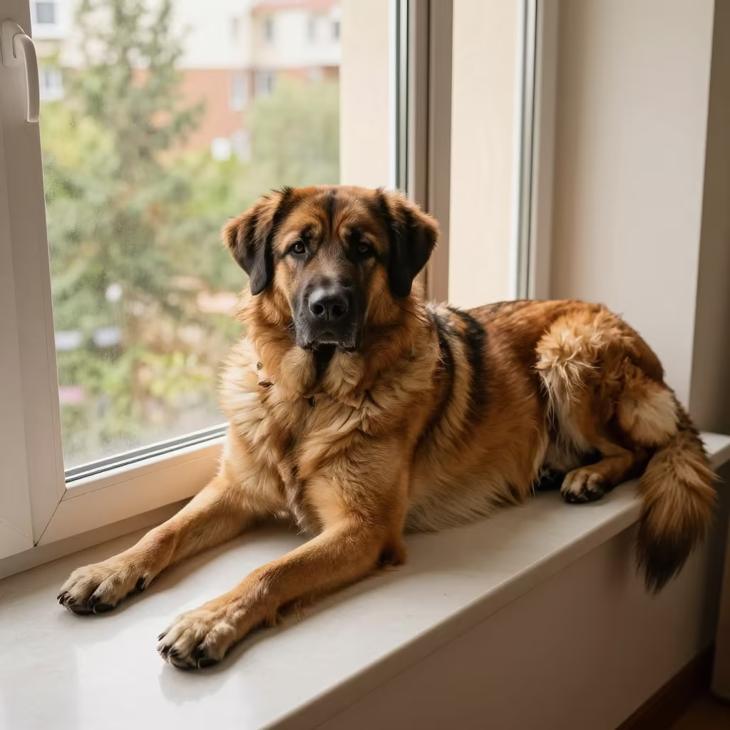 Leonberger Resting on Window Seat in Late Summer in on a window seat in a quiet apartment with soft side light near Changchun