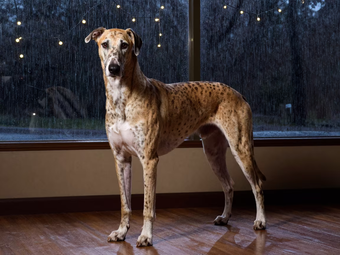 Leopard Hound Portrait in Rainy Night Studio in in a quiet portrait studio with a plain backdrop and eye-level framing near Kota Kinabalu