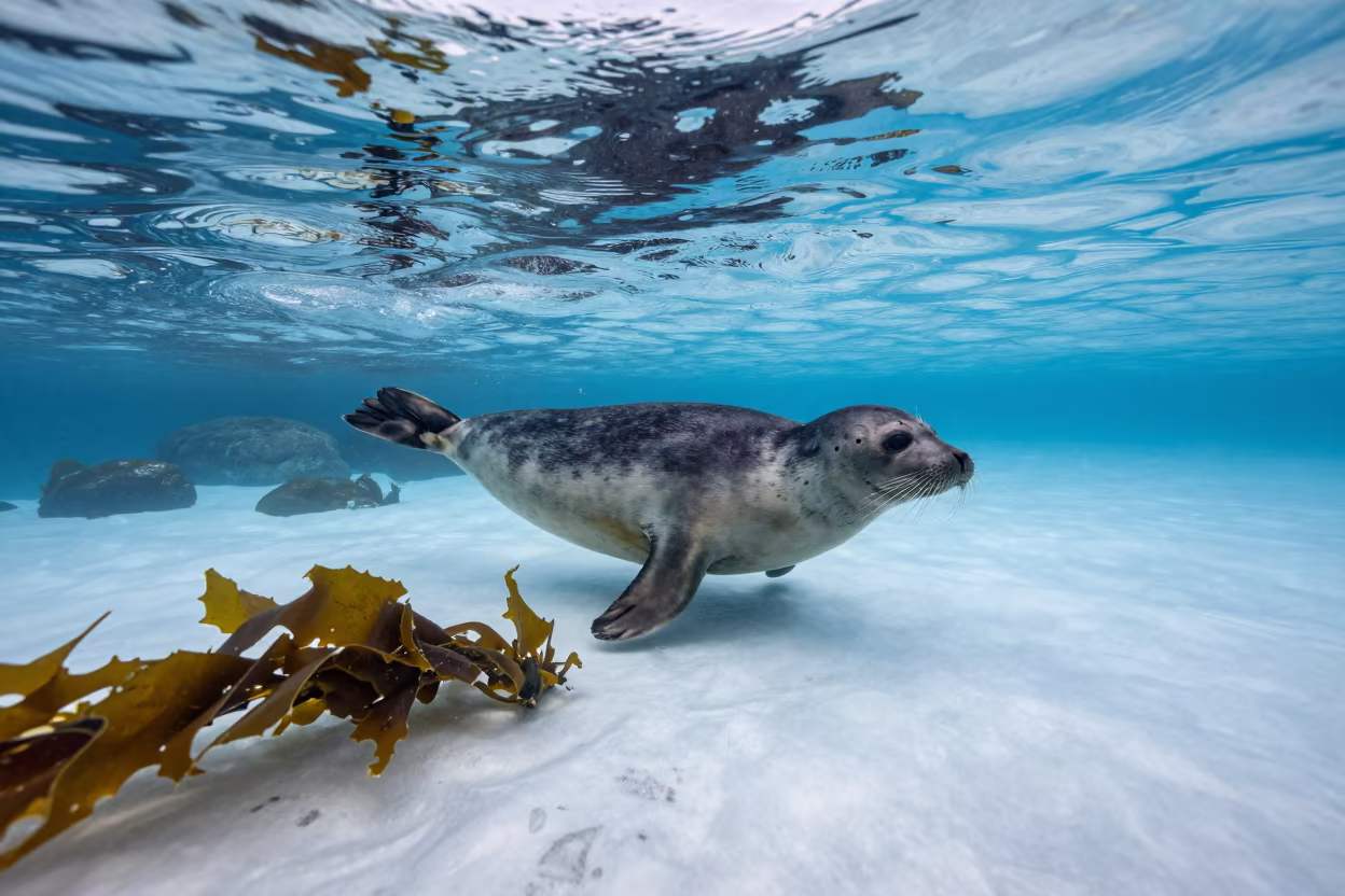 Leopard Seal Hunting Beneath Ice Shelf in through kelp fronds beside a rocky shelf near Venice