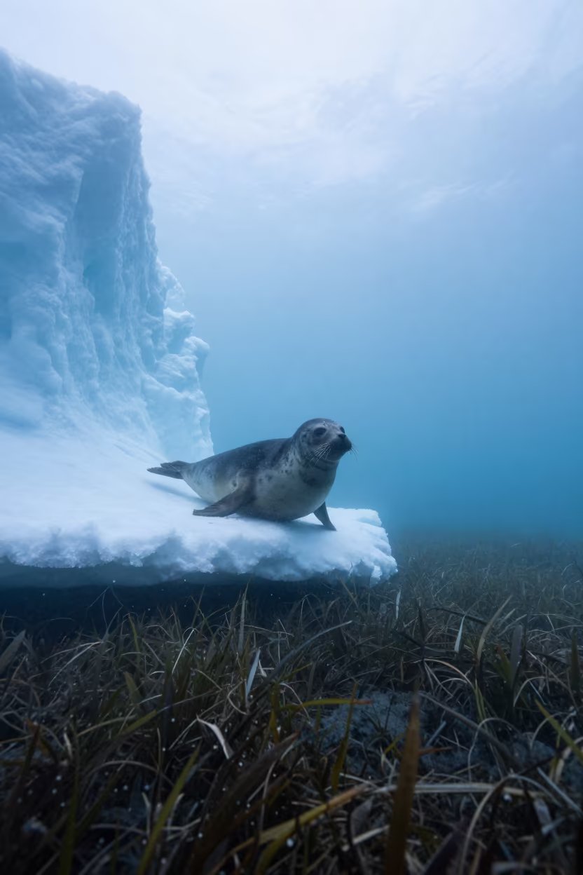 Leopard Seal Hunting Under Ice Shelf Chile in along a seagrass channel near the coast in Chile