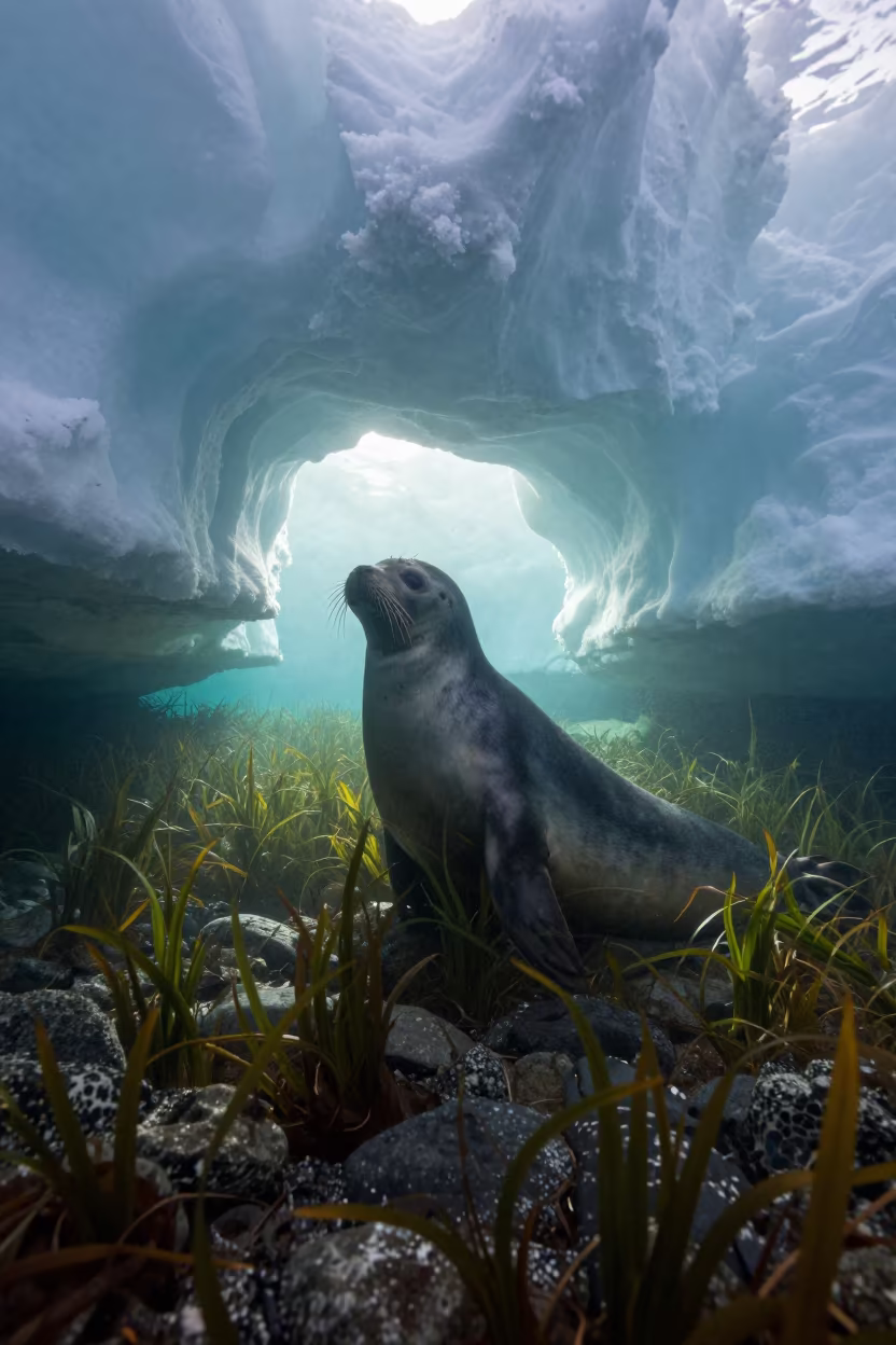 Silhouette of Leopard Seal Hunting Under Ice Shelf in along a seagrass channel near the coast in British Columbia