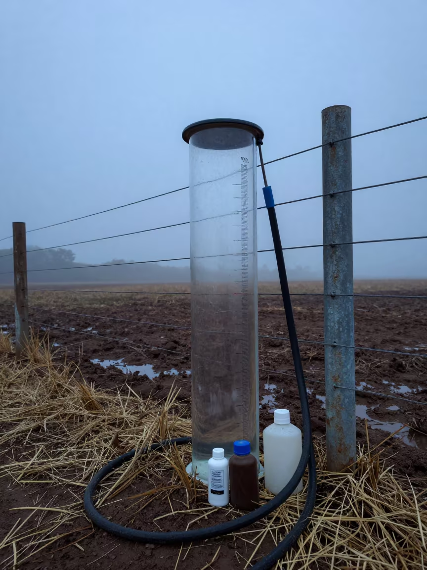 Lesotho Livestock Water Test Cylinder in Evening Fog in along a muddy paddock fence in Lesotho