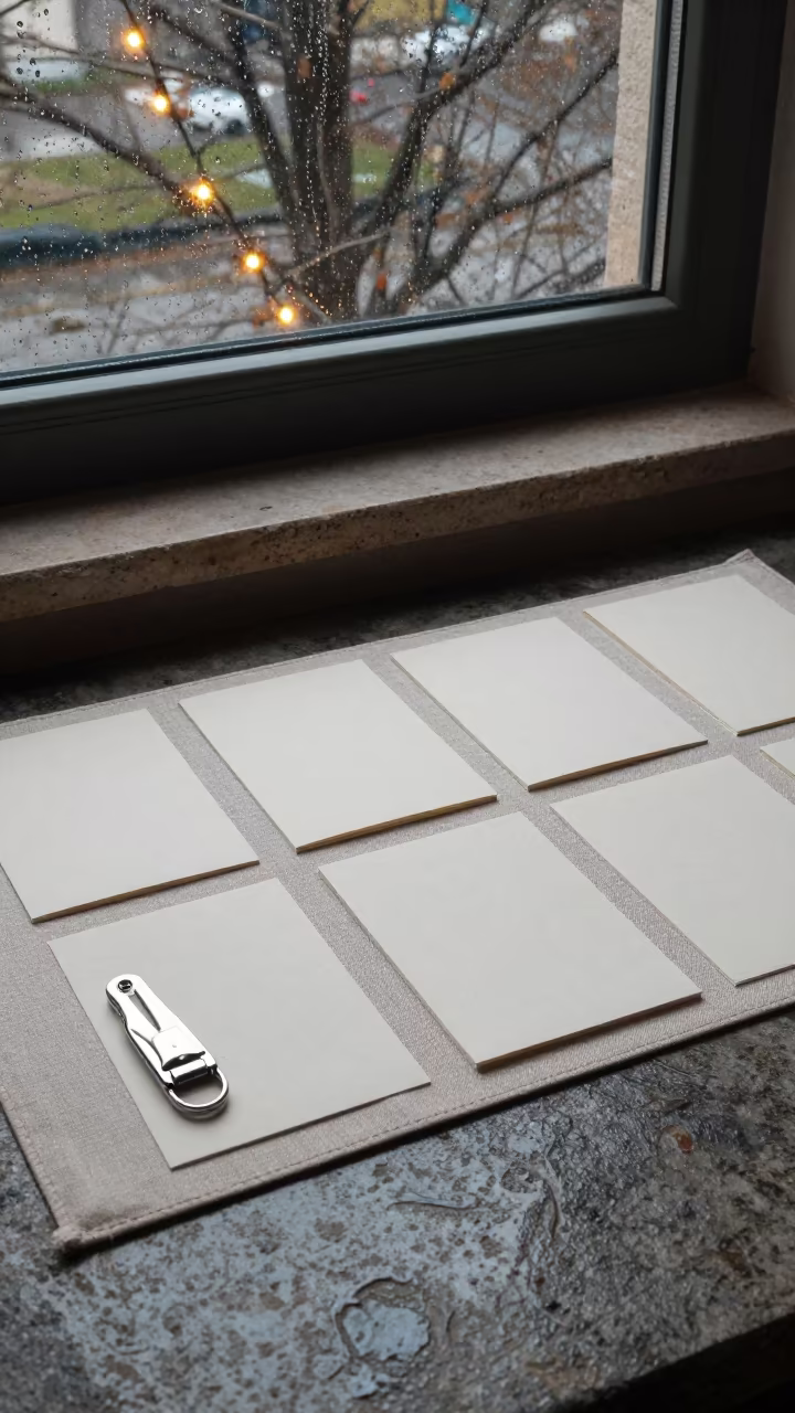 Letter Opener on Linen Pad at Twilight in on a stone ledge in Chelsea, New York