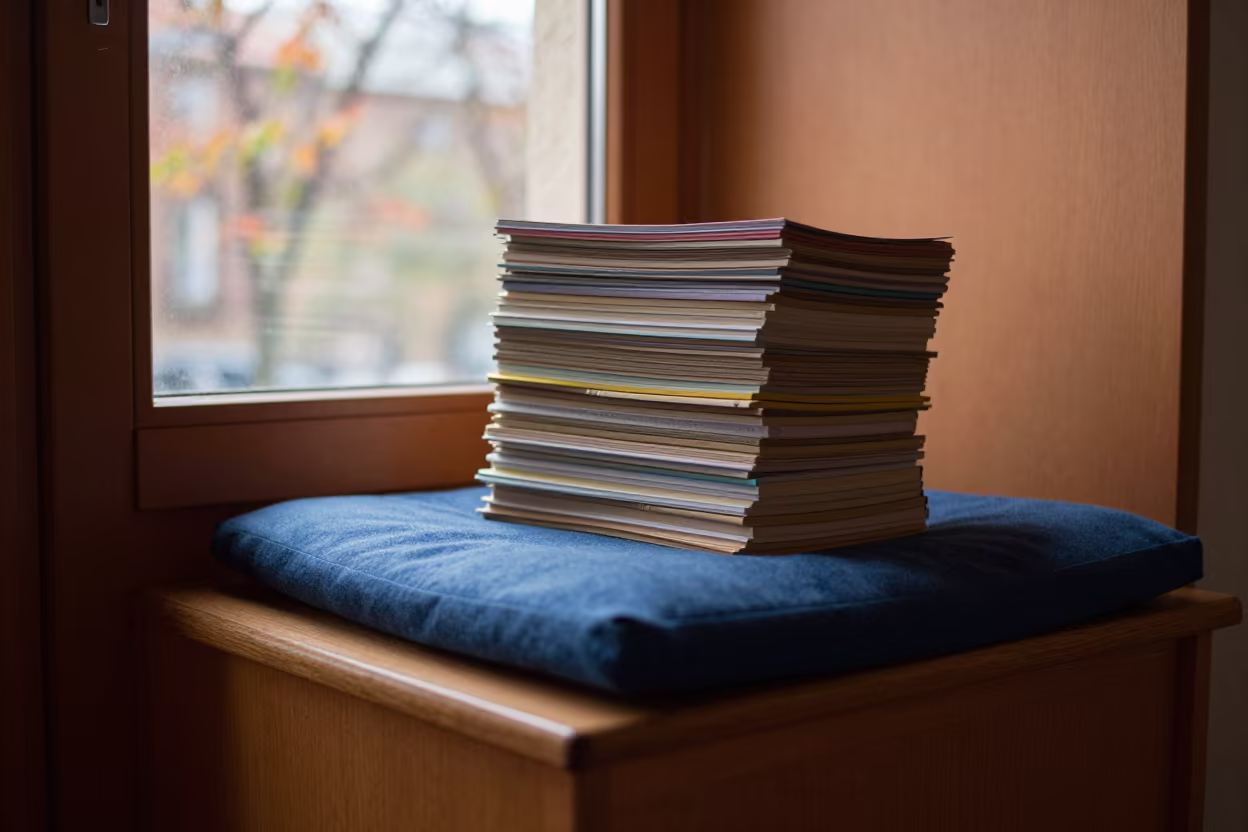Letter Stack on Cushion at Dawn in Zaragoza in on a reading nook cushion in Zaragoza