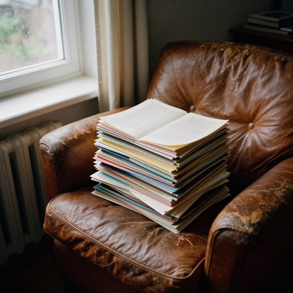 Letter Stack on Leather Armchair Odense in on a worn leather armchair near Odense
