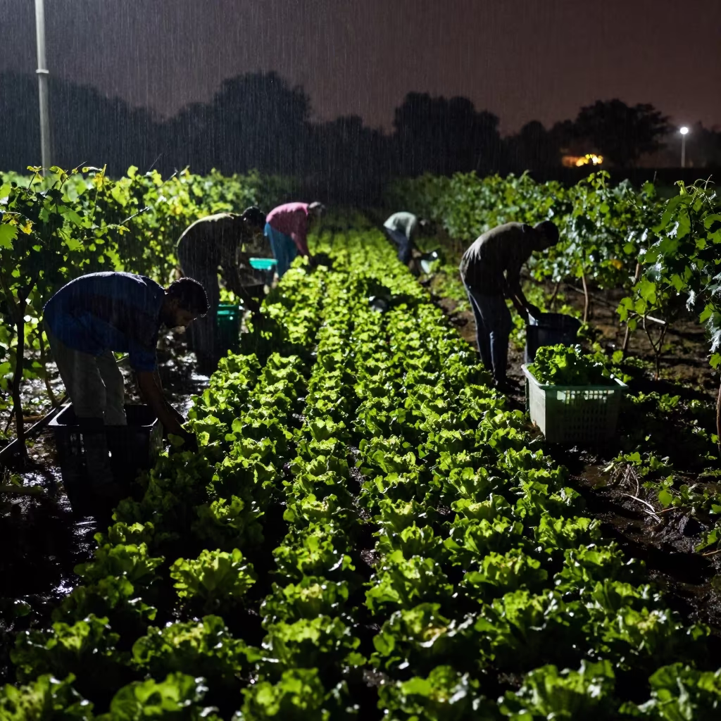 Lettuce Harvesters Silhouetted in Autumn Rain in between vineyard trellises in Lajpat Nagar, Delhi