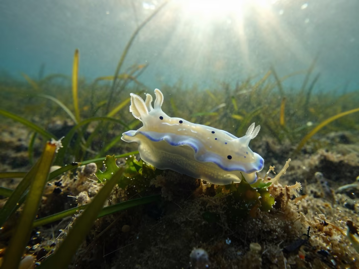 Silhouette of Lettuce Sea Slug on Algae in Sicily in above a seagrass meadow in Sicily