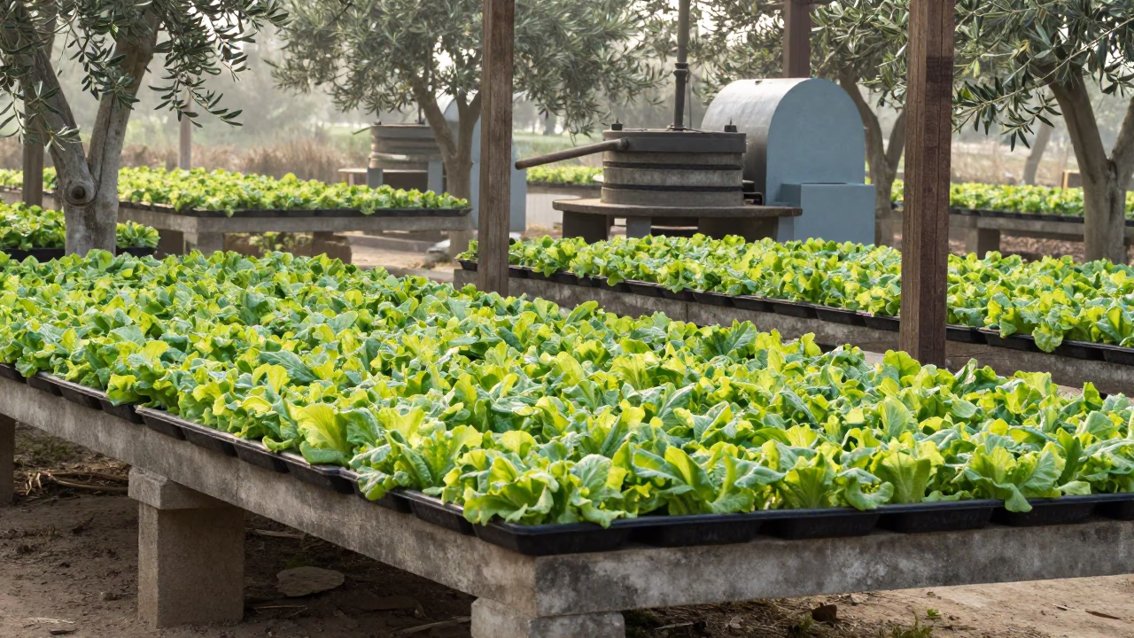 Lettuce Seedlings in Dawn Light at Olive Press in inside a village olive press near Shenzhen