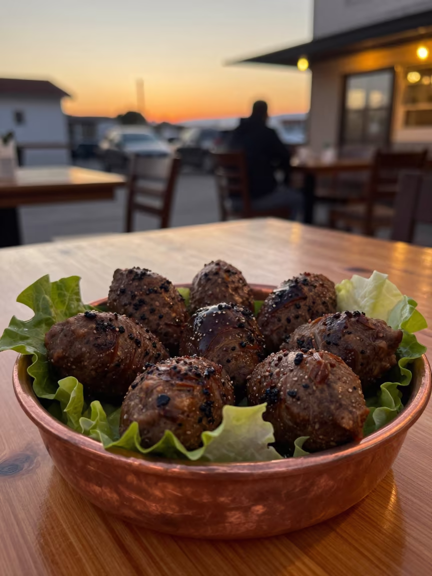 Lettuce Wrapped Ciğ Köfte Bowl Amber Light in at a roadside diner table in Ile Ife