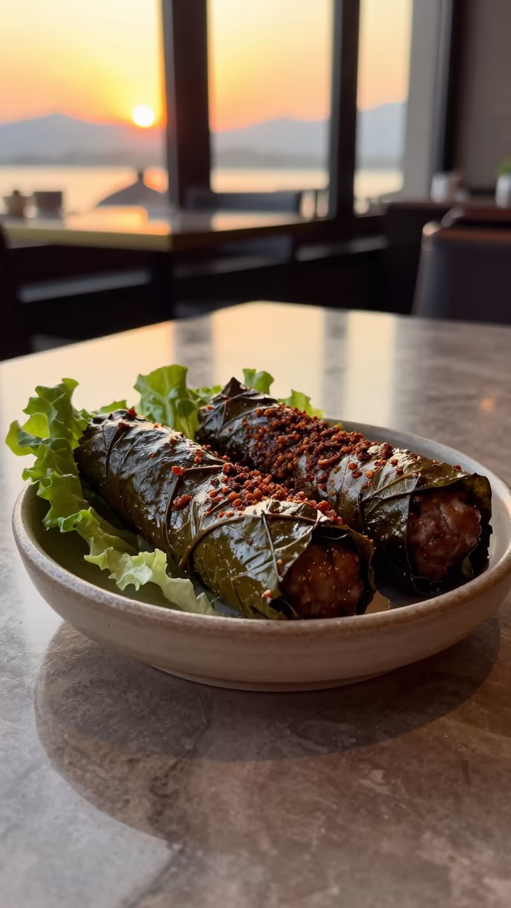 Lettuce Wrapped Ciğ Köfte on Marble Cafe Table in on a marble cafe table in Hangzhou