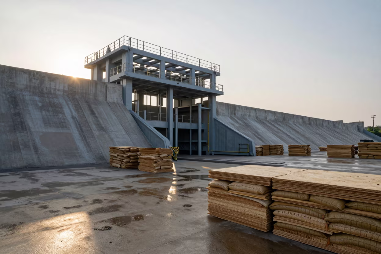 Levee Floodgate Sunset Stacks Plywood Sandbags in beside a storm surge barrier in Nanning