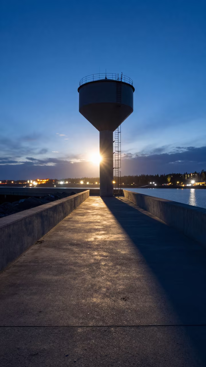 Levee Path Silhouette Midnight Sun Yukon in beside a water tower ladder in Yukon