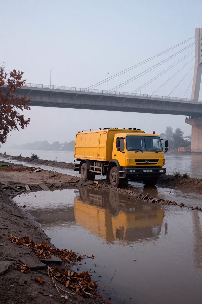 Levee Patrol Truck Misty Dawn Bridge Erbil in under a cable-stayed bridge span in Erbil