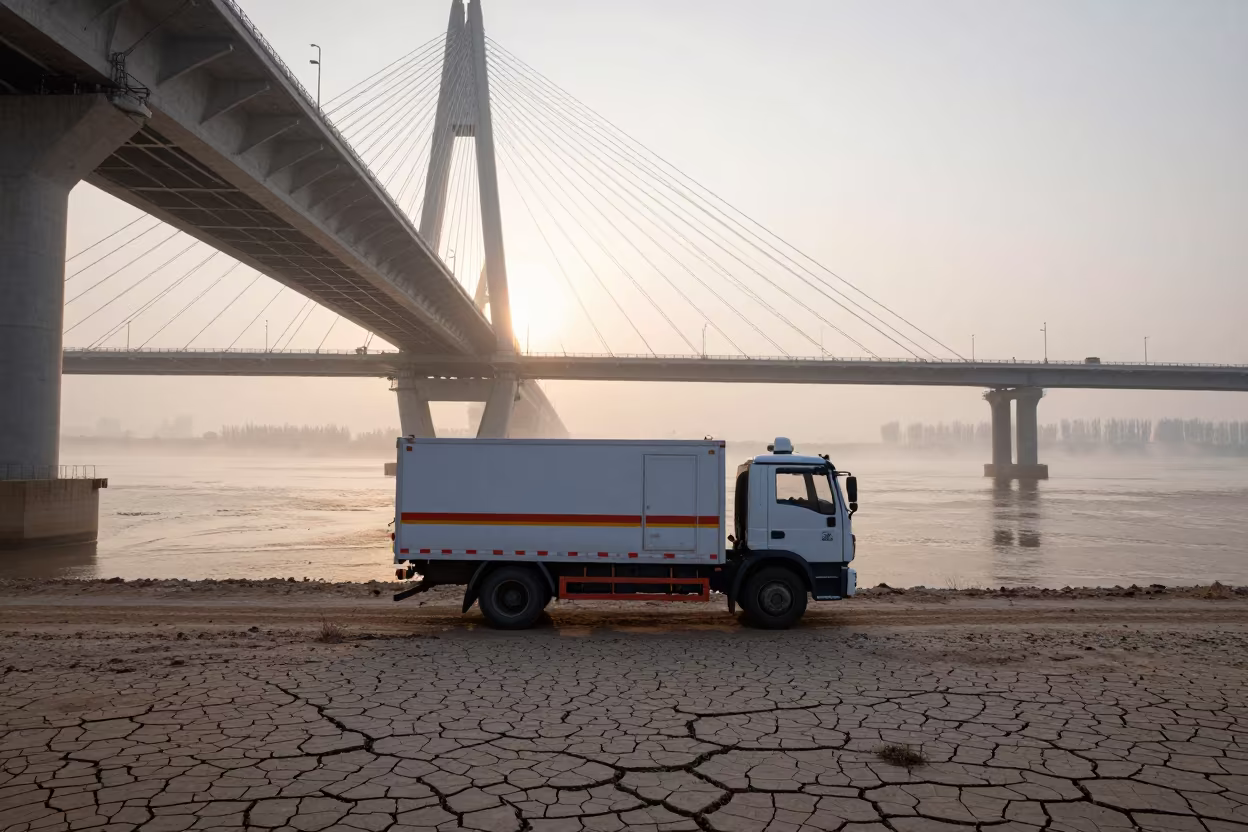 Levee Patrol Truck at Sunset Under Henan Bridge in under a cable-stayed bridge span in Henan