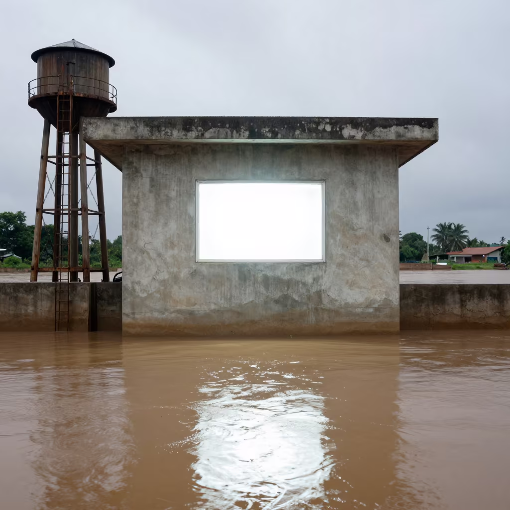 Levee Pump House Window Glowing Over Floodwater in beside a water tower ladder near Abidjan