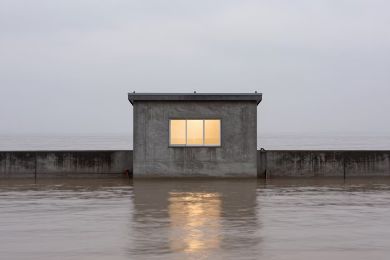 Levee Pump House Window Glowing Over Floodwater in beside a storm surge barrier in Chugoku
