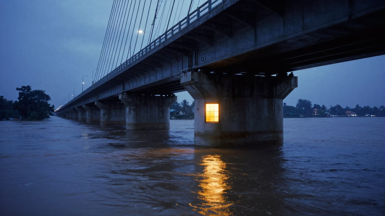 Levee Pump House Window Glowing Twilight Flood in under a cable-stayed bridge span in Tamil Nadu