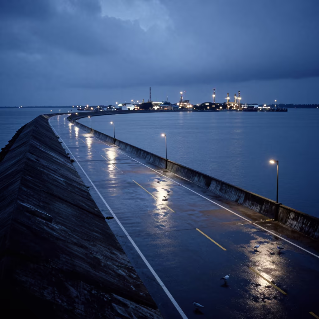 Levee Road Storm Aftermath Indonesia Harbor in beside a storm surge barrier in Indonesia