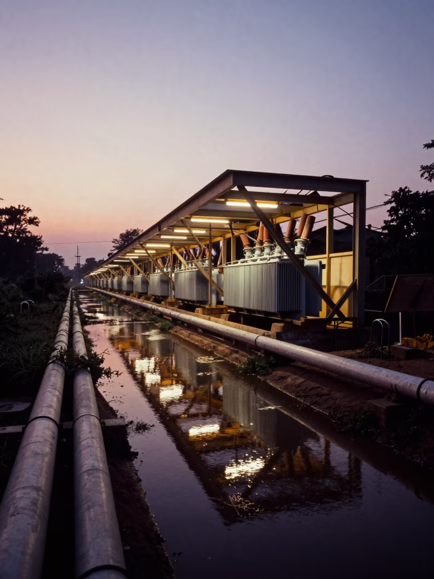 Levee Service Tunnel Amber Glow at Sunset in along a levee path above floodwater near Pune