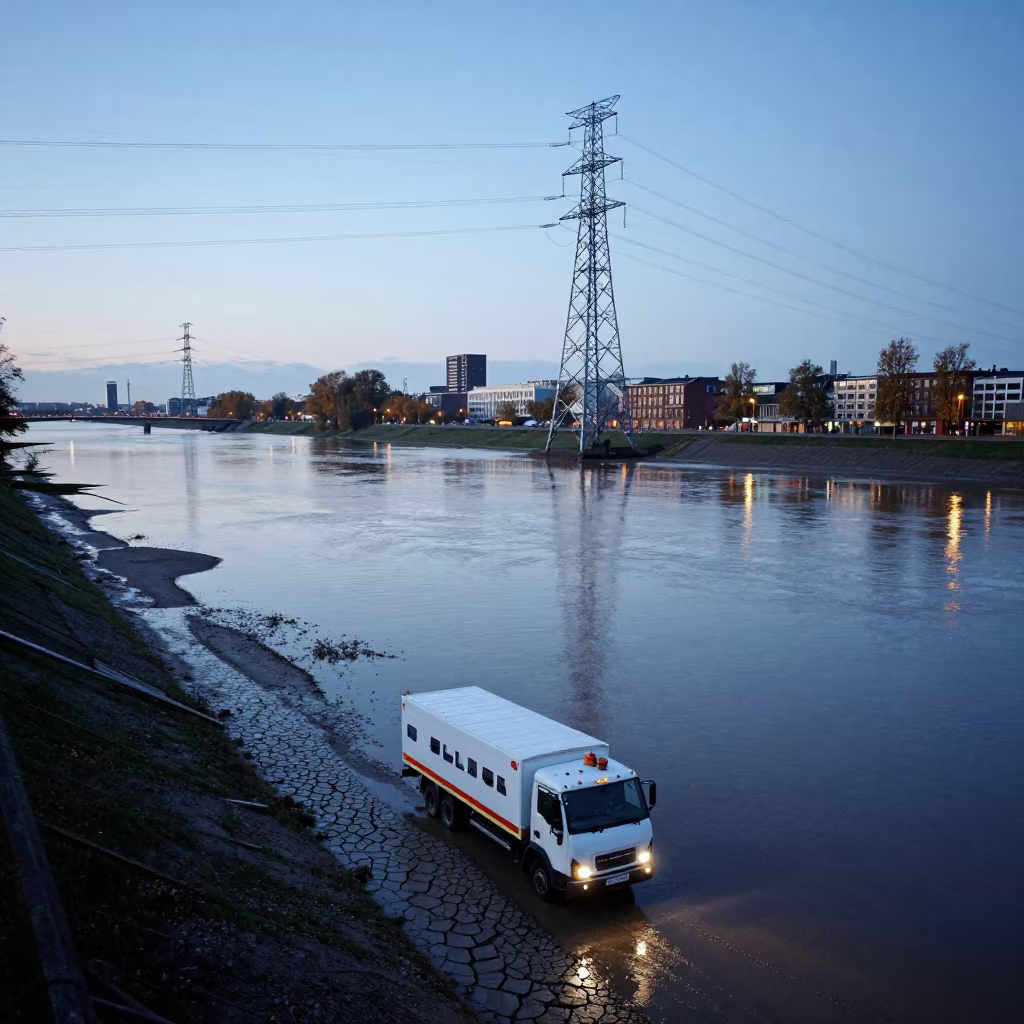 Levee Truck Parked Beside Flooded Mud in beneath transmission towers near Hamburg
