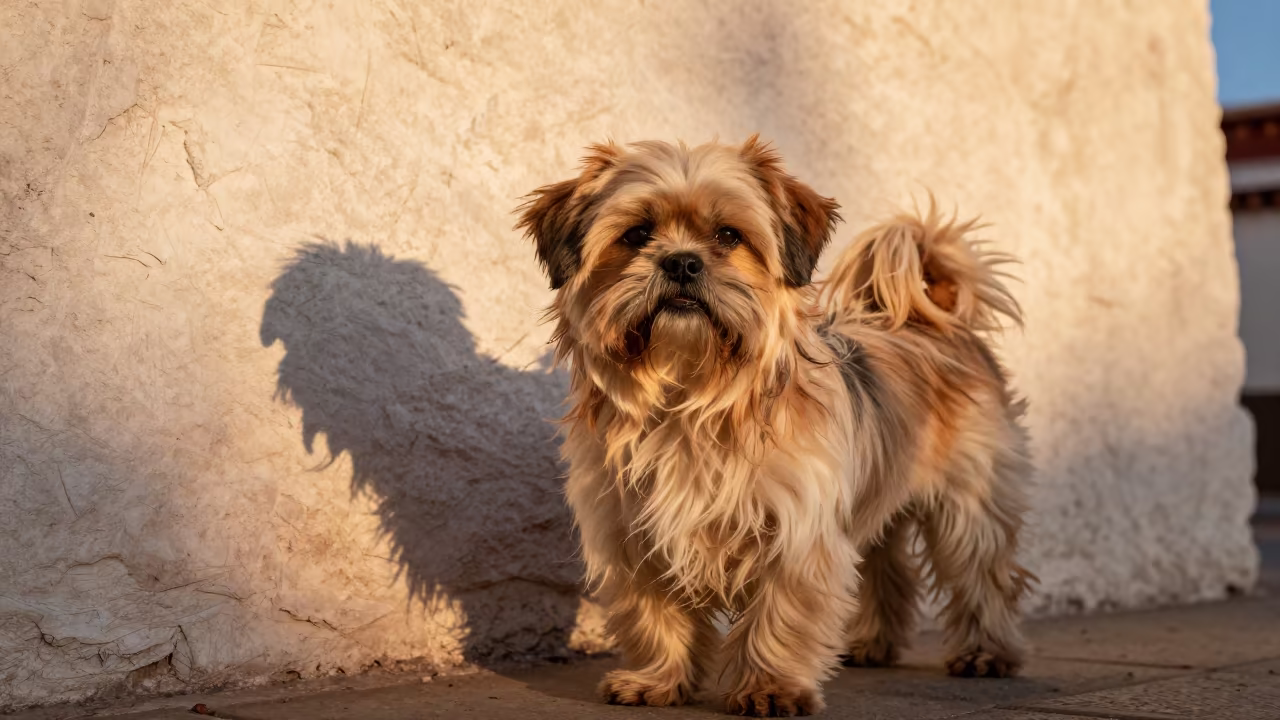 Lhasa Apso Portrait in Jokhang Square Evening Light in beside a plain courtyard wall in clear daylight with the animal at eye level in Jokhang Square, Lhasa