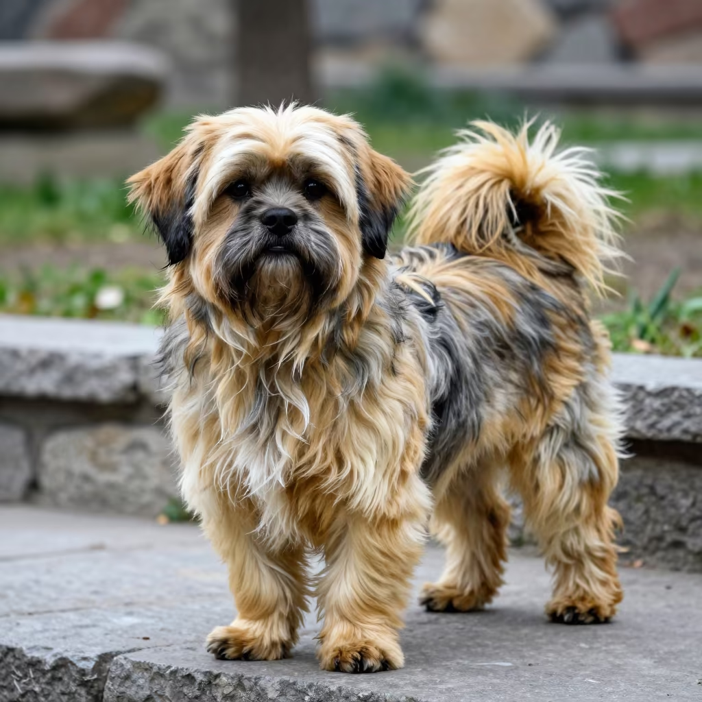 Lhasa Apso Portrait in Tbilisi Garden Light in near a garden edge with soft morning light and an uncluttered background in Tbilisi