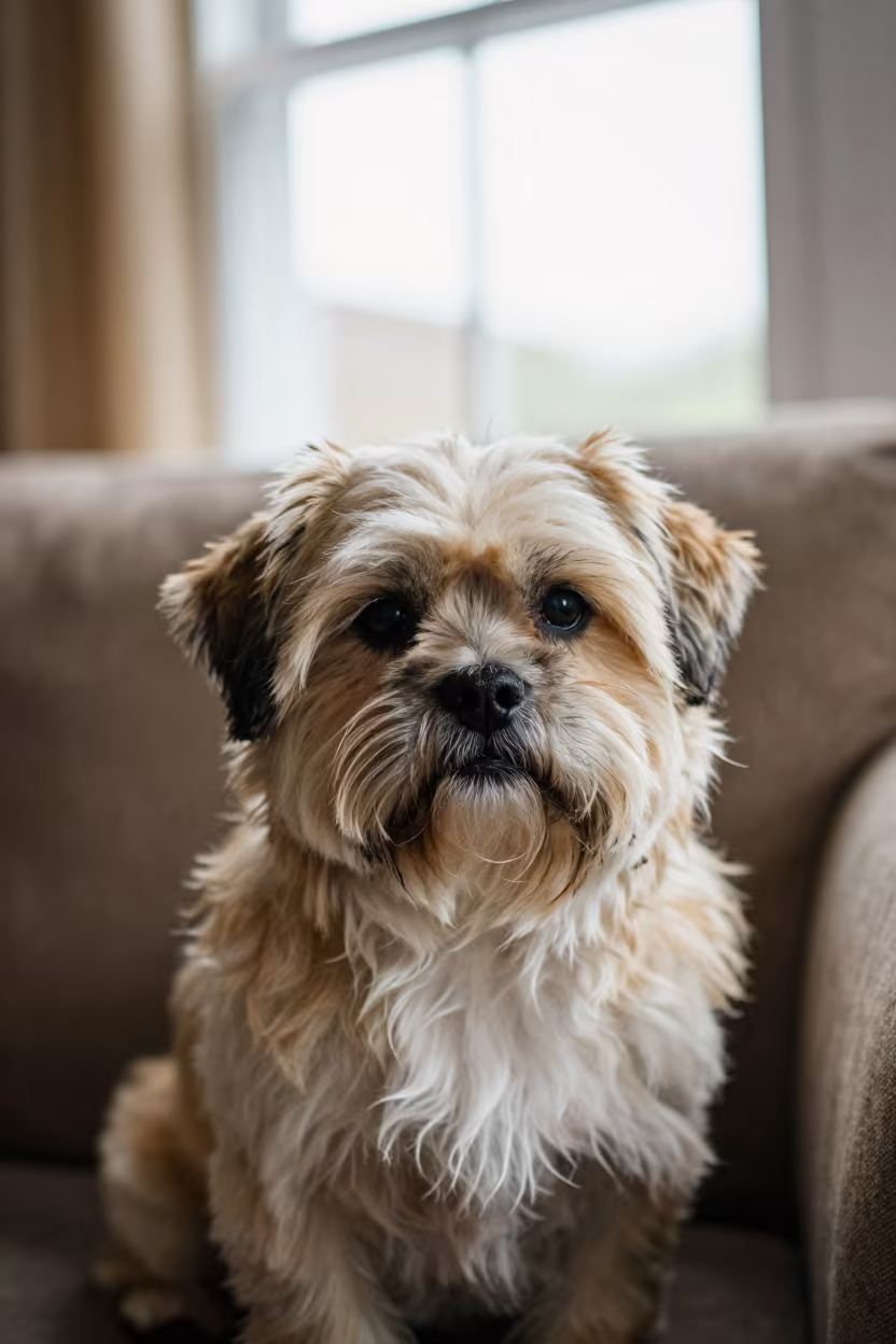 Lhasa Apso Portrait Near Window in Quito in on a sofa near a curtained window with calm indoor light in Quito
