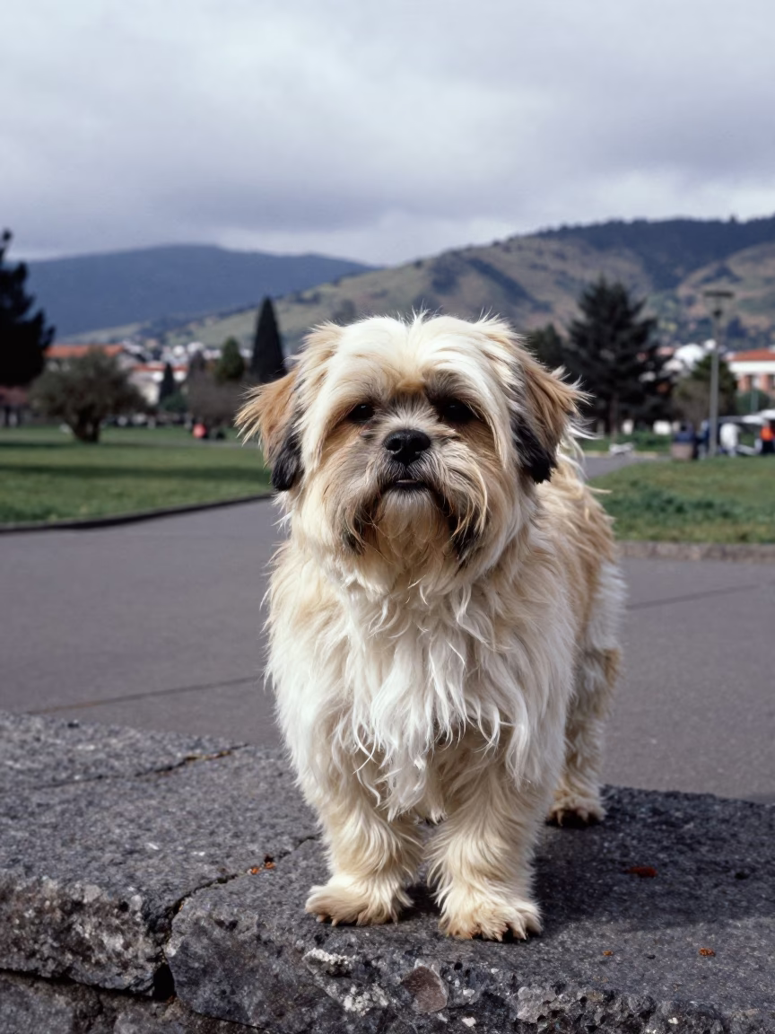 Lhasa Apso Portrait on Quito Park Path in 1983 in along a quiet park path with soft open shade and a clean background near Quito