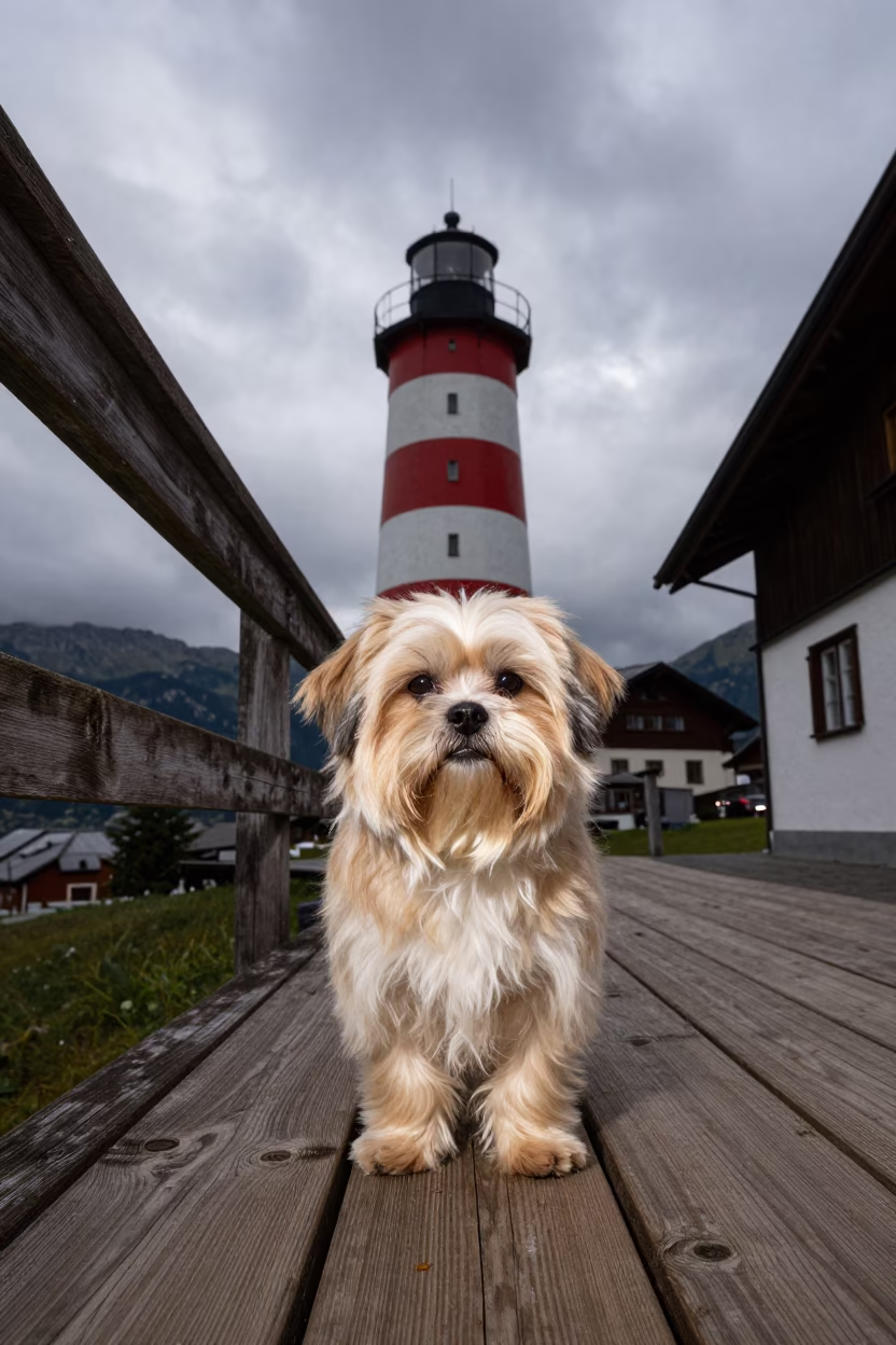 Lhasa Apso Portrait on Shaded Innsbruck Porch in on a shaded front porch with boards, railings, and eye-level framing in Innsbruck