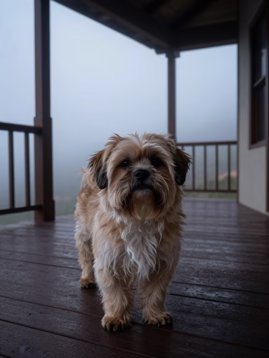 Lhasa Apso Portrait on Shaded Quito Porch in on a shaded front porch with boards, railings, and eye-level framing in Quito
