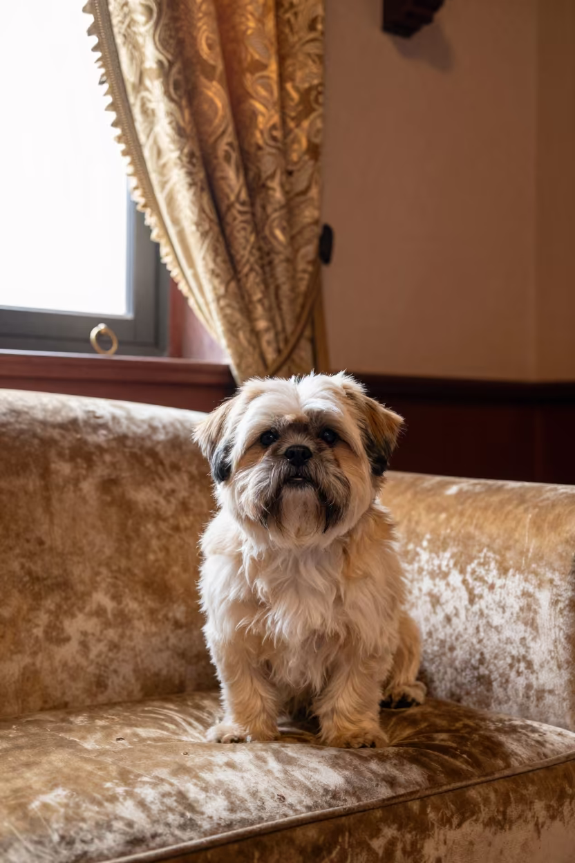 Lhasa Apso Portrait on Sofa Near Kathmandu Window in on a sofa near a curtained window with calm indoor light in Durbar Square, Kathmandu