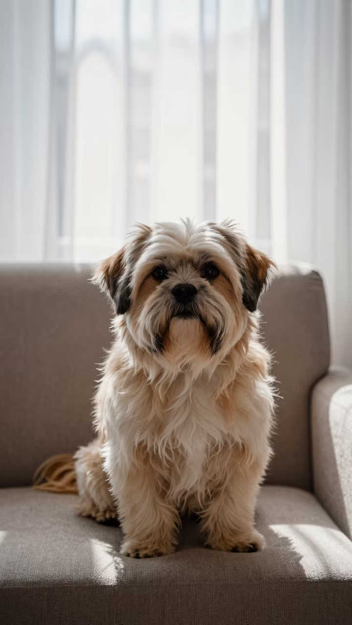 Lhasa Apso Portrait on Sofa Near Window in on a sofa near a curtained window with calm indoor light in Bishkek