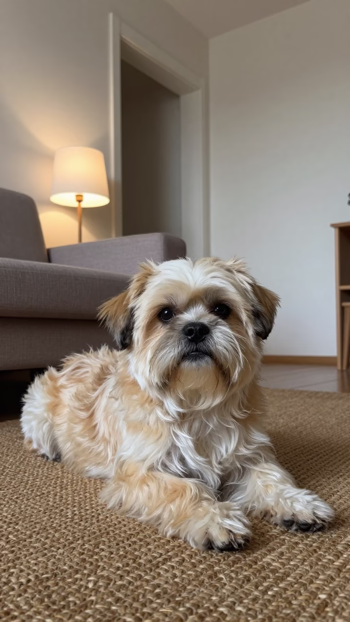 Lhasa Apso Resting on Woven Rug in Almaty Home in on a woven rug beside a low couch and an uncluttered wall in Almaty