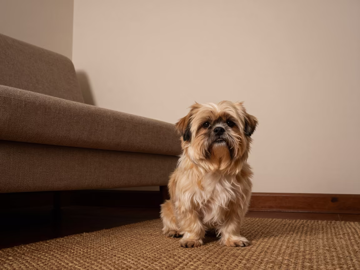 Lhasa Apso Resting on Woven Rug in Quito Home in on a woven rug beside a low couch and an uncluttered wall in Quito