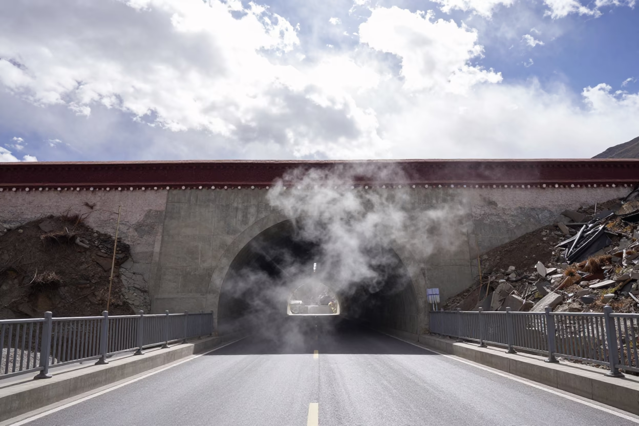 Lhasa Tunnel Portal Breathing Cold Air Under Noon Sky in across a windy overpass interchange in Lhasa