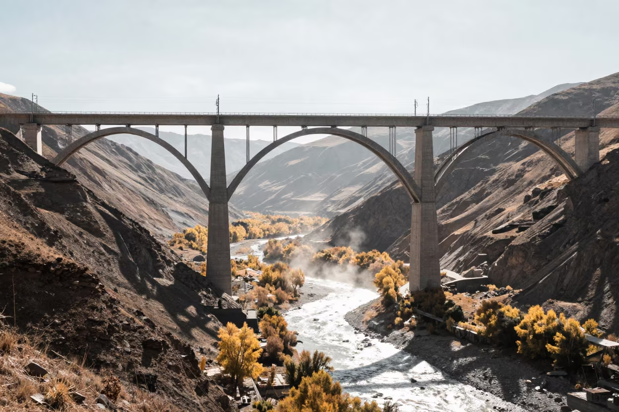 Lhasa Viaduct Arches Spanning Autumn Valley in under a viaduct of steel and concrete in Lhasa