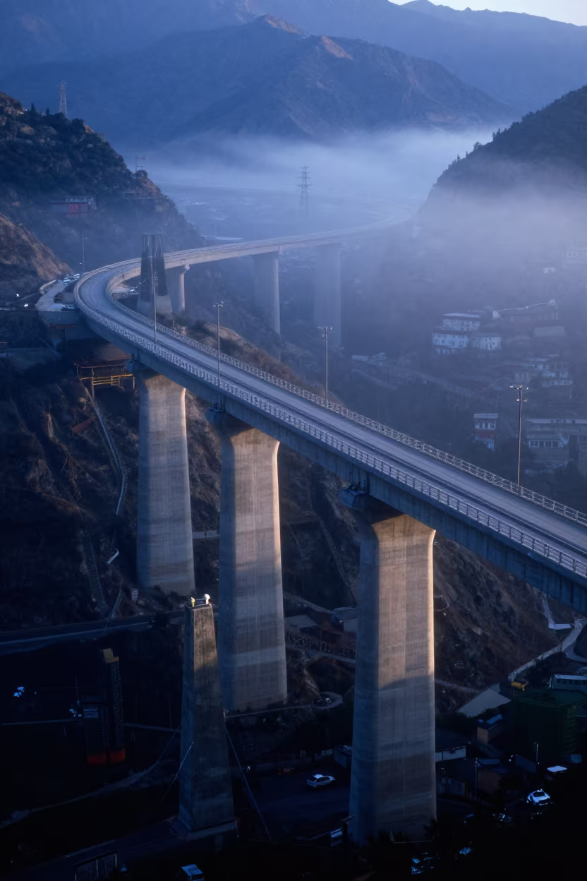Lhasa Viaduct Over Fog Valley Evening Blue Light in along a bridge maintenance walkway in Jokhang Square, Lhasa