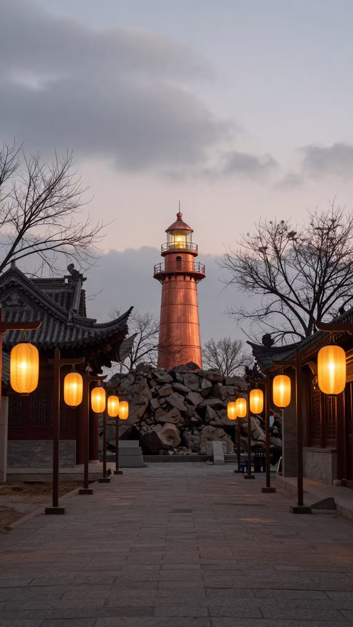 Liaoning Temple Lighthouse in Copper Dusk Light in in a lantern-lined temple precinct in Liaoning