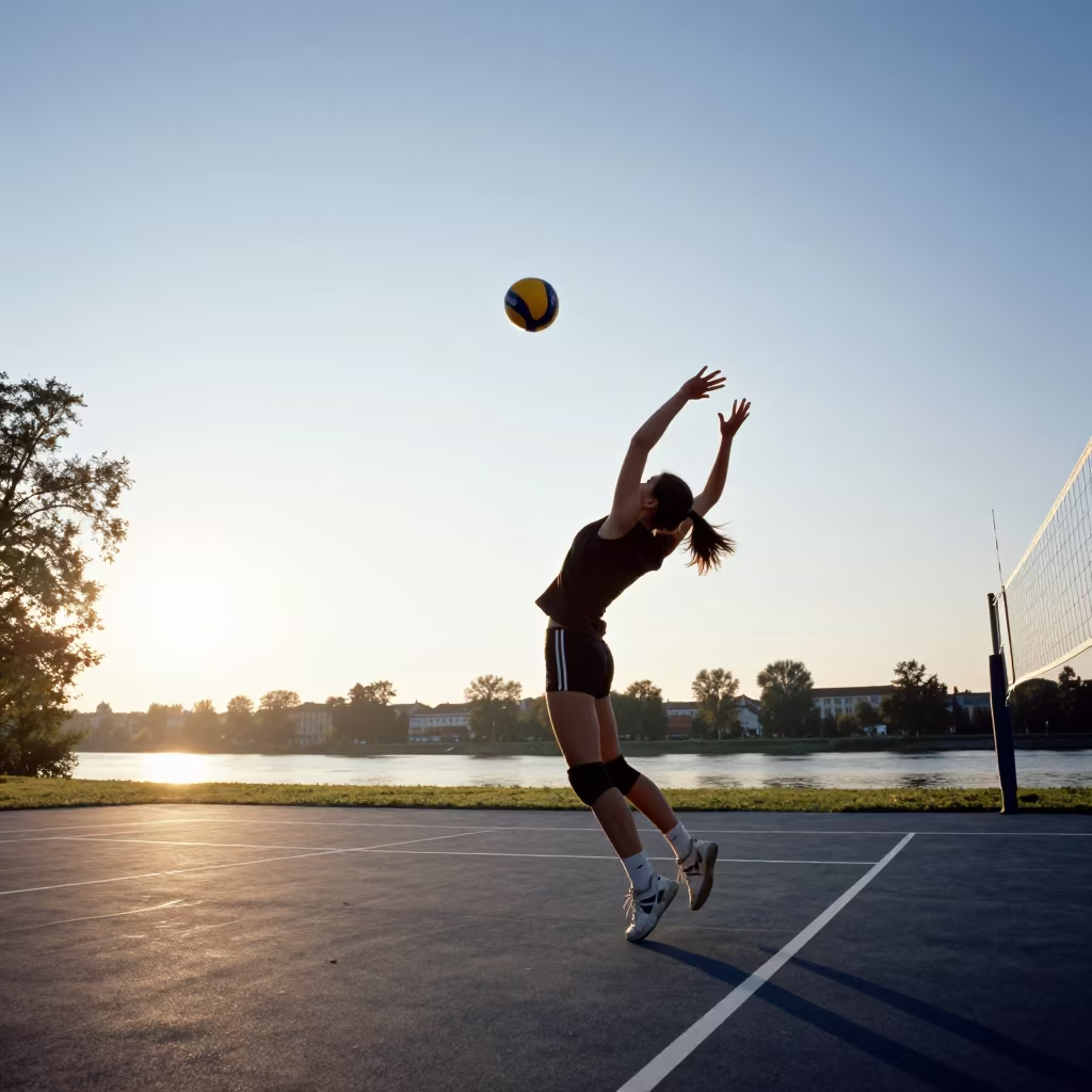 Libero Diving on Riverbank Volleyball Court at Sunrise in by a riverbank near Leipzig